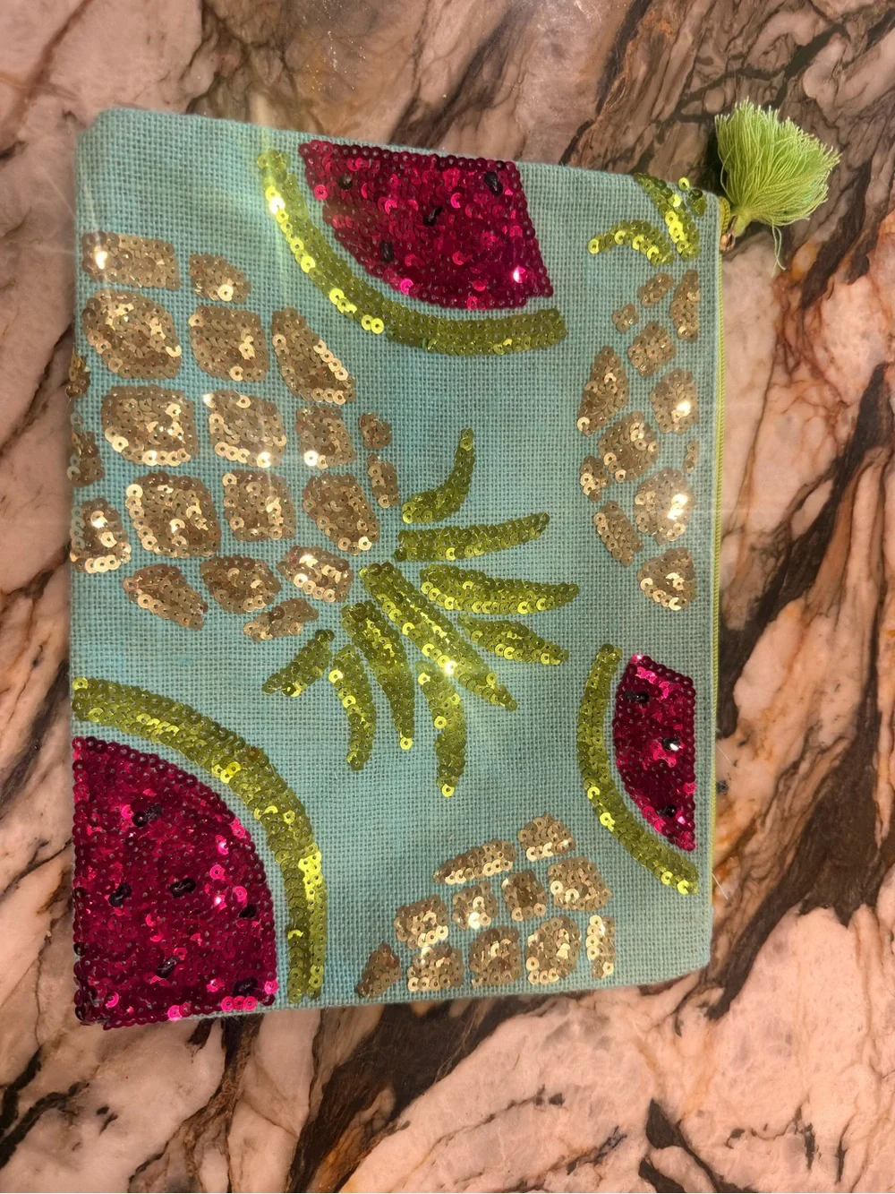 Mud Pie Aqua and Lime Zip Pouch with Pink Accent
